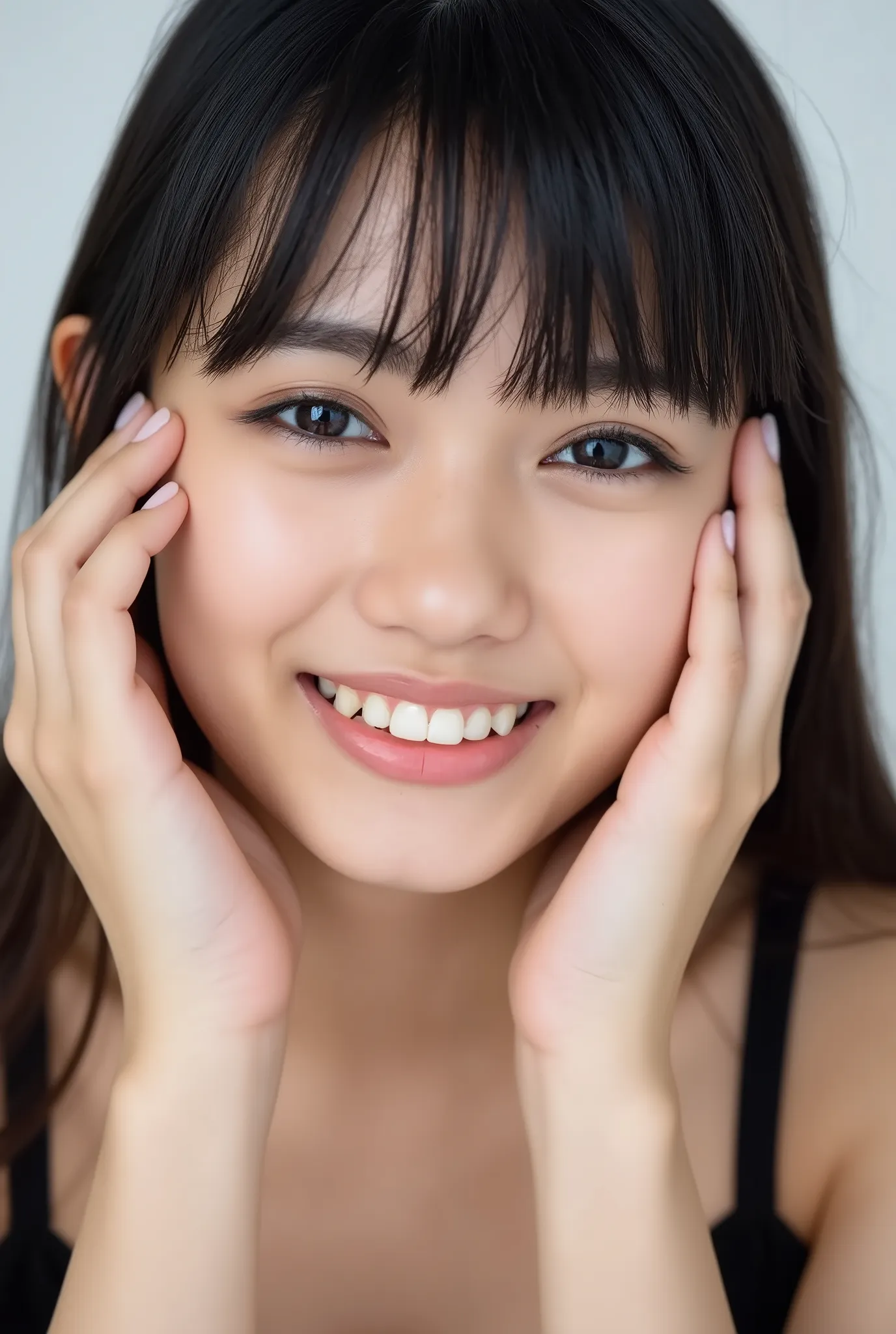 extreme close-up portrait, beautiful girl with her love-struck, radiant face filling the entire frame (95% face ratio), gently placing both open hands on her flushed cheeks with soft fingers, soft black camisole, white blurred background, eyes dreamy and h...