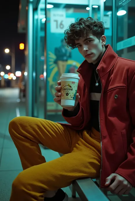 a stylish young man with curly hair sitting at a bus stop at night, holding a Tealive cup with logo clearly visible, fashionable outfit with red jacket and yellow corduroy pants, urban environment with glass shelter and neon lights, cinematic lighting, pro...