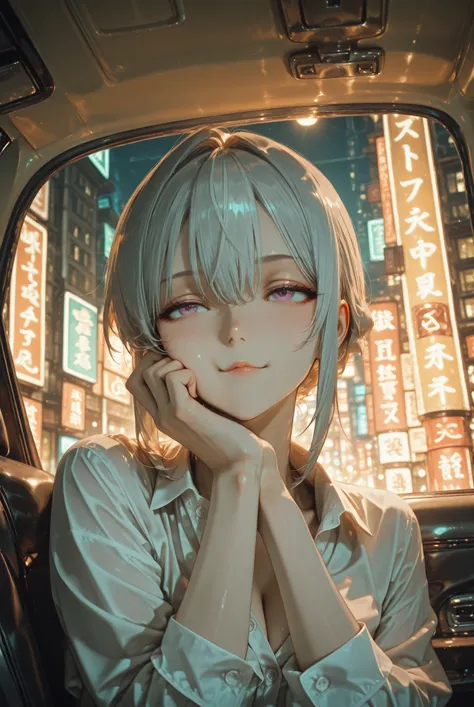 anime style, silver short-haired young office lady sitting in the backseat of a taxi. Wearing a white shirt with the top three buttons undone, revealing her décolleté for a subtly sexy look. Looking forward with a pensive expression, resting her cheek on h...