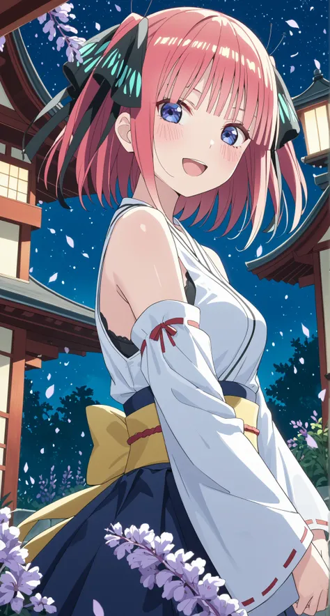 nsfw,nakano nino,glass cover,side shot,alternate color,masterpiece,detailed illustration,lifelike,{{{Cute 1nakano nino}}},shiny beautiful woman,cinematic lighting,dynamic angle,dynamic pose,depth of field,miko,looking at viewer,short hair,pink hair,shiny h...