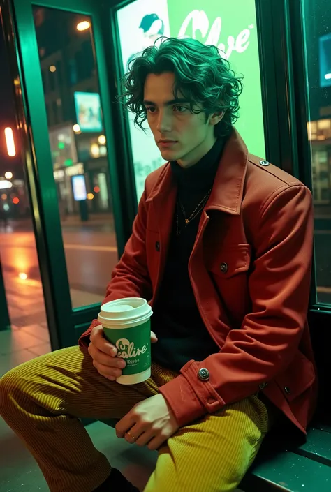 a stylish young man with curly hair sitting at a bus stop at night, holding a Tealive cup with logo clearly visible, fashionable outfit with red jacket and yellow corduroy pants, urban environment with glass shelter and neon lights, cinematic lighting, pro...