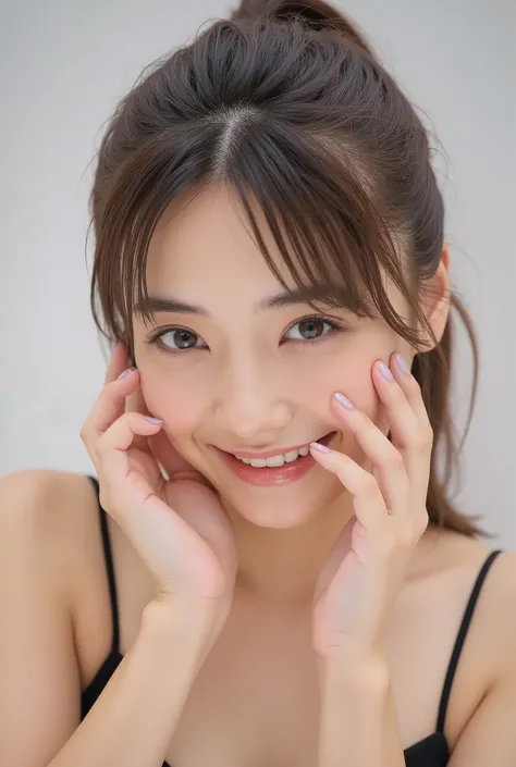extreme close-up portrait, beautiful girl with her love-struck, radiant face filling the entire frame (95% face ratio), gently placing both open hands on her flushed cheeks with soft fingers, soft black camisole, white blurred background, eyes dreamy and h...