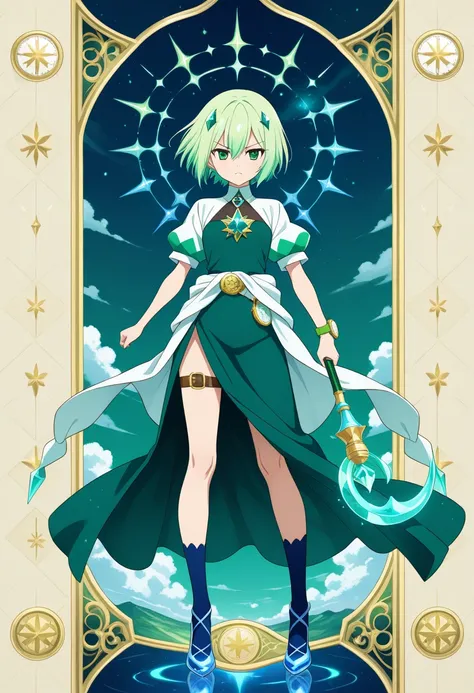anime style a magical girl ,, Type time ,serious and traumatized expression dark green eyes large expressive and detailed short hair on the back also short and bright dark green with bangs and a layer that falls between your eyes. She wears a full body dress a combination of blue and emerald green bicolor galactic glitters a high slit in the knee long skirt in fine green and transparent fabric with transparent details, a layer of turkey belt around the waist with a detailed green diamond watch blue socks degraded to a navy blue footwear crystal heels blue green multi-color magic sparkles, cloud sky head brooch,Landscape a lot of storm clouds