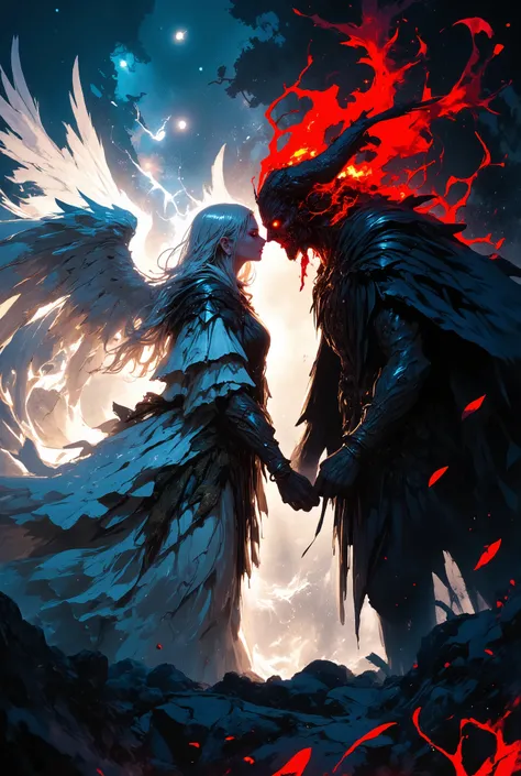 a female angel with glowing white wings facing a male demon with burning red eyes, dramatic tension between them, a stormy sky above, feathers and embers flying, symbolic kiss about to happen, cinematic lighting, gothic atmosphere, detailed and emotional