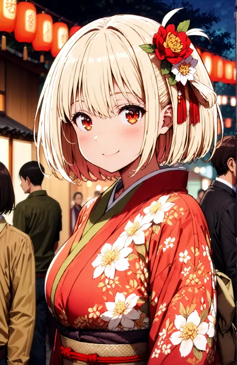 score_9, score_8_up, score_7_up, source_anime,
Nishikiki Chisato,solo, short hair, bungs,  Gold, red eyes, one side up, bob cut,Big Breasts,flower hair ornament with ears, red flower pattern kimono,standing,smile,blush,grinning,Light up fireworks,Red Lante...