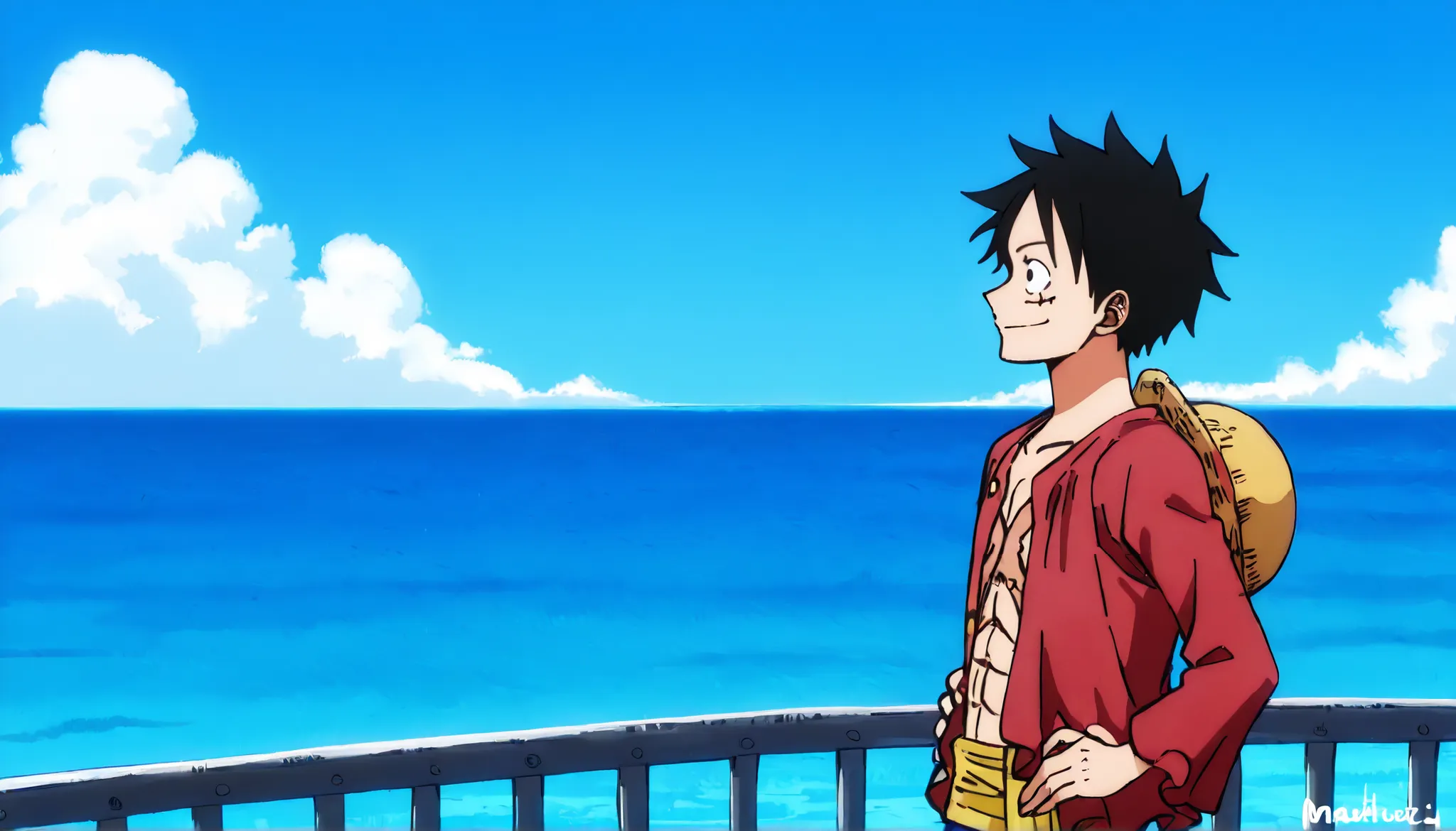 Luffy, half body, from front, smile, eyes looking at side, X-mark burnt scar on chest, head tilted up,, arms on hips, long-sleeve red shirt, both arms on Sunny-go railing vast blue ocean in the distance, sea breeze blowing, masterpiece, best quality,