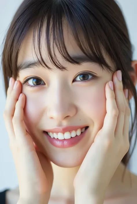 extreme close-up portrait, beautiful girl with her love-struck, radiant face filling the entire frame (95% face ratio), gently placing both open hands on her flushed cheeks with soft fingers, soft black camisole, white blurred background, eyes dreamy and h...