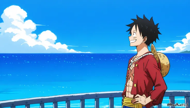 Luffy, half body, from front, smile, eyes looking at side, X-mark burnt scar on chest, head tilted up, arms on hips, long-sleeve red shirt, straw hat with strap around neck, both arms on Sunny-go railing vast blue ocean in the distance, sea breeze blowing,...