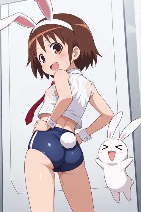 (((anime style))),nsfw,score_9, score_8_up, score_7_up, source_anime,yasuna oribe,1girl, ((solo)),((((two lines tight blue buruma)))),((((white business shirt)))),((sleeveless)),((wet clothes)),nipple,((red tie)),((white Bunny's ears headband)),Bunny's Tai...