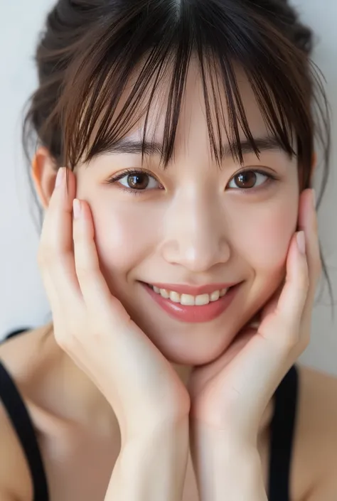 extreme close-up portrait, beautiful girl with her love-struck, radiant face filling the entire frame (95% face ratio), gently placing both open hands on her flushed cheeks with soft fingers, soft black camisole, white blurred background, eyes dreamy and h...