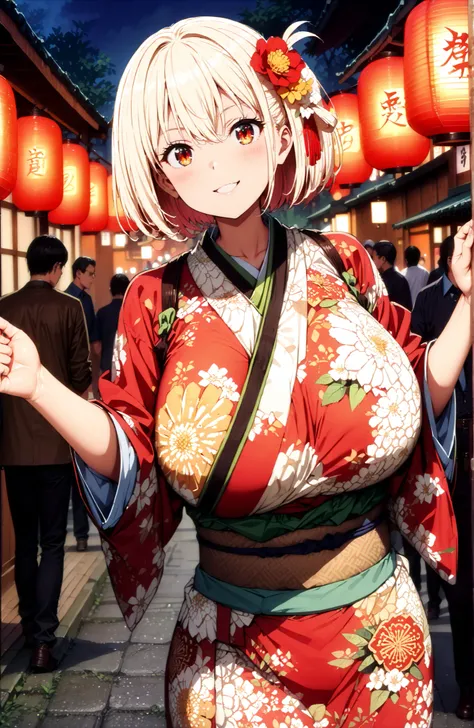 score_9, score_8_up, score_7_up, source_anime,
Nishikiki Chisato,solo, short hair, bungs,  Gold, red eyes, one side up, bob cut,Big Breasts,flower hair ornament with ears, red flower pattern kimono,standing,smile,blush,grinning,Light up fireworks,Red Lante...