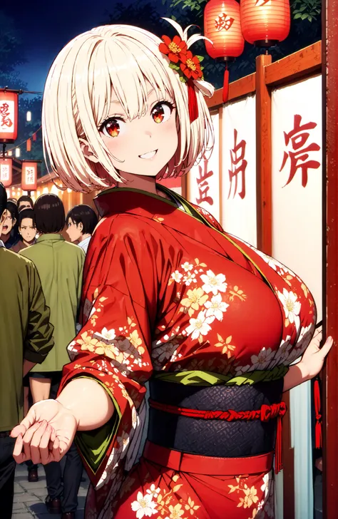 score_9, score_8_up, score_7_up, source_anime,
Nishikiki Chisato,solo, short hair, bungs,  Gold, red eyes, one side up, bob cut,Big Breasts,flower hair ornament with ears, red flower pattern kimono,standing,smile,blush,grinning,Light up fireworks,Red Lante...