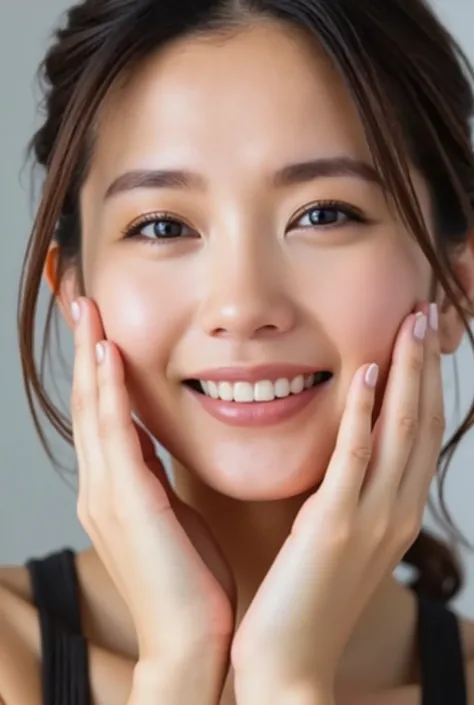 extreme close-up portrait, beautiful girl with her love-struck, radiant face filling the entire frame (95% face ratio), gently placing both open hands on her flushed cheeks with soft fingers, soft black camisole, white blurred background, eyes dreamy and h...