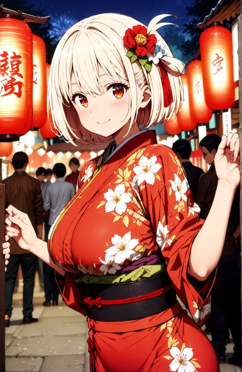 score_9, score_8_up, score_7_up, source_anime,
Nishikiki Chisato,solo, short hair, bungs,  Gold, red eyes, one side up, bob cut,Big Breasts,flower hair ornament with ears, red flower pattern kimono,standing,smile,blush,grinning,Light up fireworks,Red Lante...