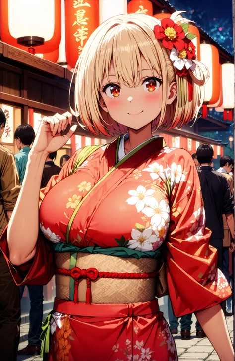 score_9, score_8_up, score_7_up, source_anime,
Nishikiki Chisato,solo, short hair, bungs,  Gold, red eyes, one side up, bob cut,Big Breasts,flower hair ornament with ears, red flower pattern kimono,standing,smile,blush,grinning,Light up fireworks,Red Lante...