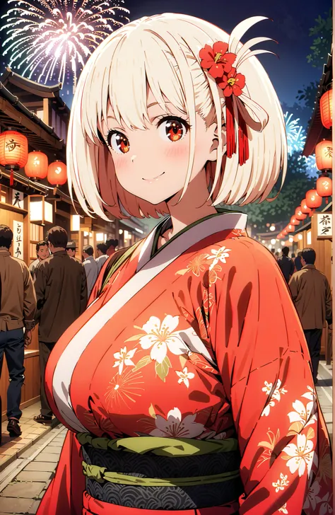 Nishikiki Chisato,solo, short hair, bungs,  Gold, red eyes, one side up, bob cut,Big Breasts,flower hair ornament with ears, red flower pattern kimono,standing,smile,blush,grinning,Light up fireworks,Red Lantern,Japanese stalls ,night,crowd,in their 40s lo...