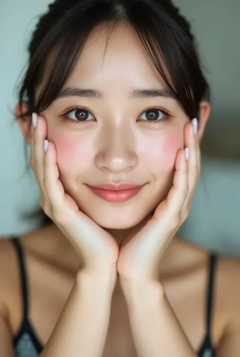 extreme close-up portrait, beautiful girl with her love-struck, radiant face filling the entire frame (95% face ratio), gently placing both open hands on her flushed cheeks with soft fingers, soft black camisole, white blurred background, eyes dreamy and h...