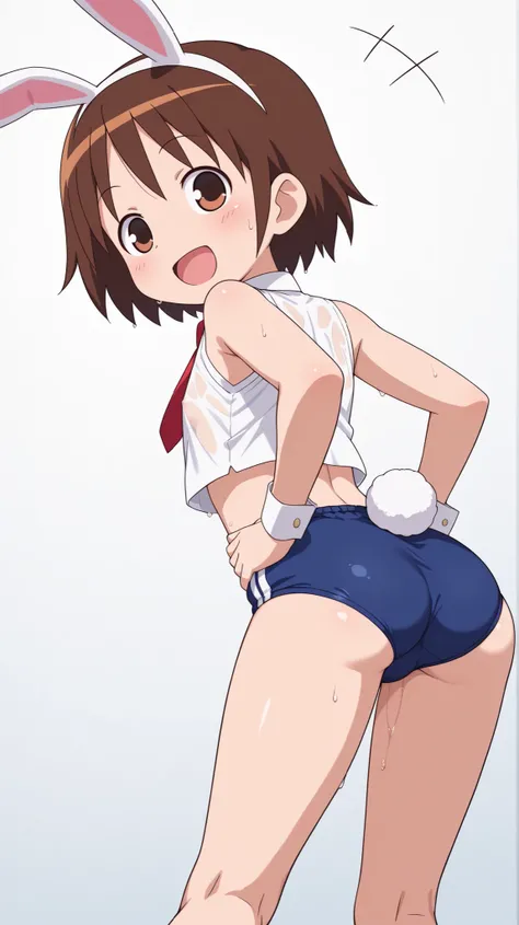 (((anime style))),nsfw,score_9, score_8_up, score_7_up, source_anime,yasuna oribe,1girl, ((solo)),((((two lines blue buruma)))),((((white business shirt)))),((sleeveless)),((wet clothes)),nipple,((red tie)),((white Bunny's ears headband)),Bunny's Tail,((Cu...