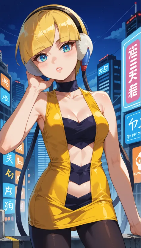 score_9, score_8_up, score_7_up, score_6_up, source_anime, BREAK 1girl, bw1ele, blonde hair, short hair, headphones, cable, choker, cleavage, black and yellow dress, short dress, clothing cutout, navel cutout, sleeveless, pantyhose, medium breasts, lookin...