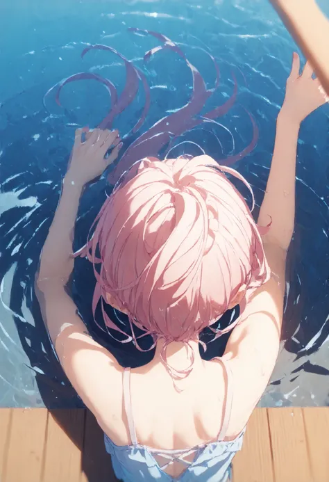 lgirl in the pool under water, view above the water from above, pink glow, sun rays,  water shimmers , pink water