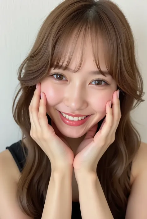 extreme close-up portrait, beautiful girl with her love-struck, radiant face filling the entire frame (95% face ratio), gently placing both open hands on her flushed cheeks with soft fingers, soft black camisole, white blurred background, eyes dreamy and h...