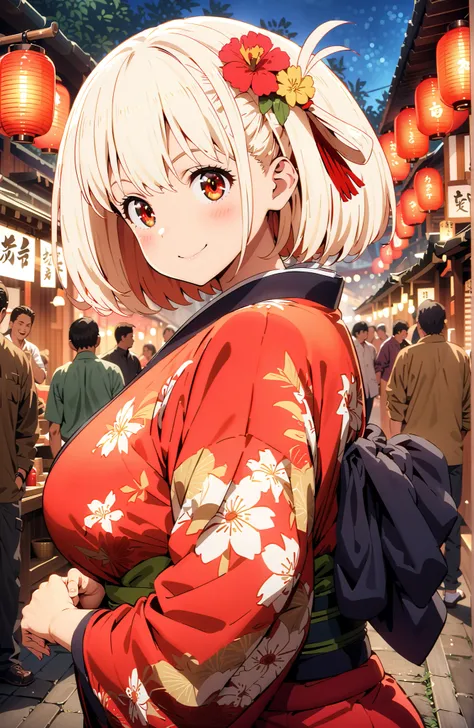 Nishikiki Chisato,solo, short hair, bungs,  Gold, red eyes, one side up, bob cut,Big Breasts,flower hair ornament with ears, red flower pattern kimono,standing,smile,blush,grinning,Light up fireworks,Red Lantern,Japanese stalls ,night,crowd,in their 40s lo...