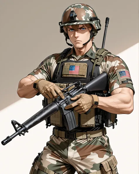 A male National Guardsman wearing a camouflage uniform, helmet, and tactical vest, aiming and holding an M16 rifle toward the viewer against a stark white background. The individual appears to be an adult male with a light skin tone and light brown hair vi...