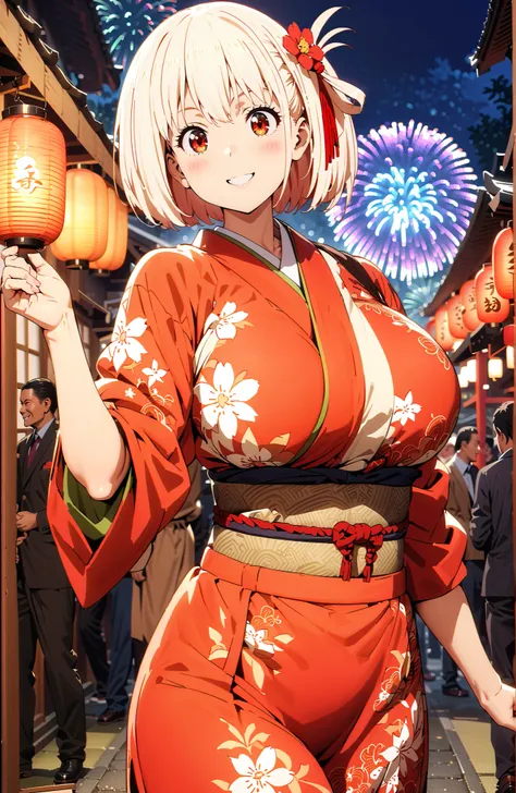Nishikiki Chisato,solo, short hair, bungs,  Gold, red eyes, one side up, bob cut,Big Breasts,flower hair ornament with ears, red flower pattern kimono,standing,smile,blush,grinning,Light up fireworks,Red Lantern,Japanese stalls ,night,crowd,in their 40s lo...