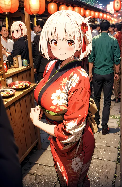 Nishikiki Chisato,solo, short hair, bungs,  Gold, red eyes, one side up, bob cut,Big Breasts,flower hair ornament with ears, red flower pattern kimono,standing,smile,blush,grinning,Light up fireworks,Red Lantern,Japanese stalls ,night,crowd,in their 40s lo...