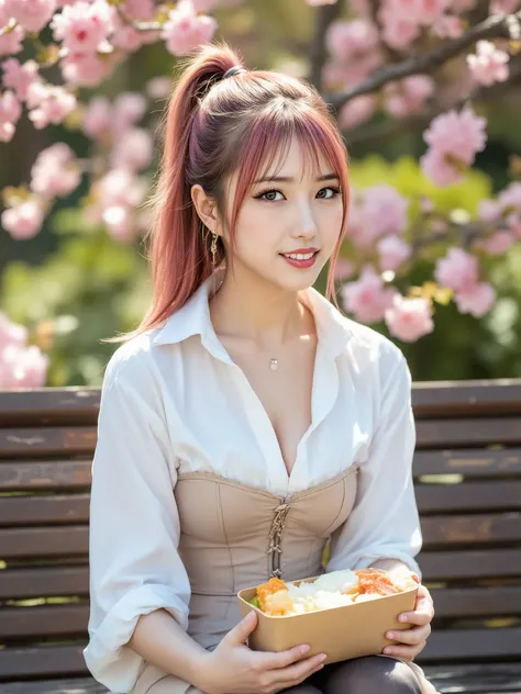 nsfw,front view,((park:1.5)) ,20years old,high ponytail,(pink hair:1.5),((pink lips:1.0)),bangs,(an earrings) , ((brown eyes:1.5)), medium breasts ,beige bustle mini skirt, white Shirt,beige corset top,black stockings,eating lunch box,high heels,(grin),sit...
