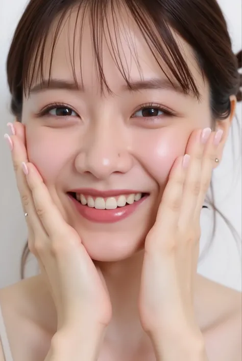 extreme close-up portrait, beautiful girl with her love-struck, radiant face filling the entire frame (95% face ratio), gently placing both open hands on her flushed cheeks with soft fingers, soft black camisole, white blurred background, eyes dreamy and h...