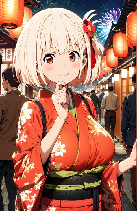 Nishikiki Chisato,solo, short hair, bungs,  Gold, red eyes, one side up, bob cut,Big Breasts,flower hair ornament with ears, red flower pattern kimono,standing,smile,blush,grinning,Light up fireworks,Red Lantern,Japanese stalls ,night,crowd,in their 40s lo...