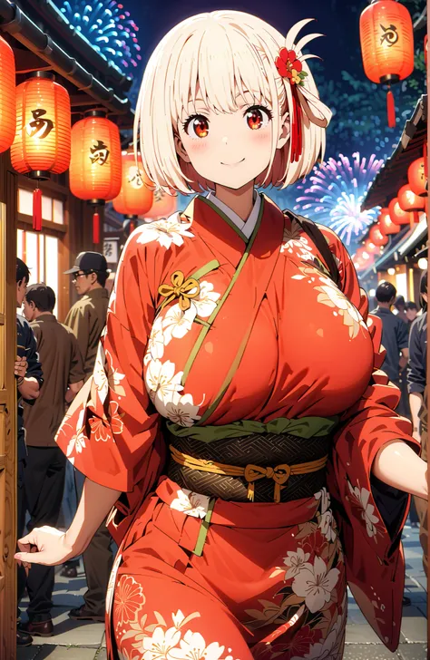 Nishikiki Chisato,solo, short hair, bungs,  Gold, red eyes, one side up, bob cut,Big Breasts,flower hair ornament with ears, red flower pattern kimono,standing,smile,blush,grinning,Light up fireworks,Red Lantern,Japanese stalls ,night,crowd,in their 40s lo...