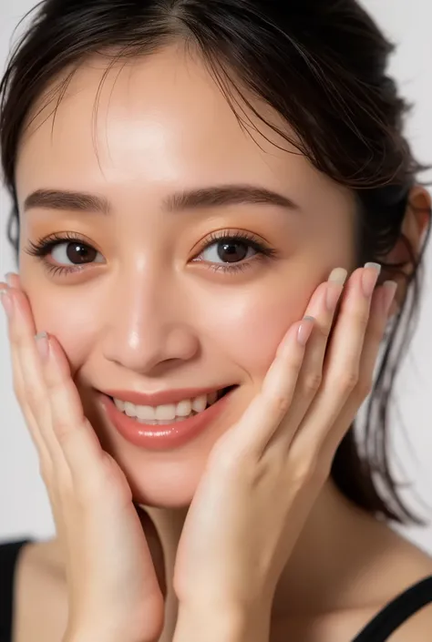 extreme close-up portrait, beautiful girl with her love-struck, radiant face filling the entire frame (95% face ratio), gently placing both open hands on her flushed cheeks with soft fingers, soft black camisole, white blurred background, eyes dreamy and h...