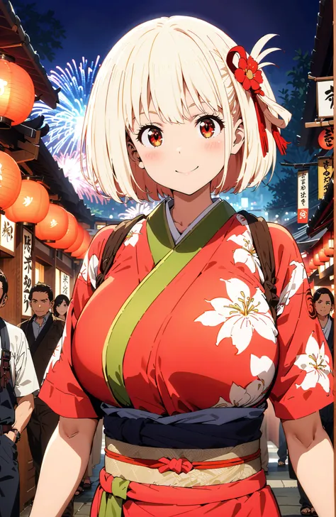 Nishikiki Chisato,solo, short hair, bungs,  Gold, red eyes, one side up, bob cut,Big Breasts,flower hair ornament with ears, red flower pattern kimono,standing,smile,blush,grinning,Light up fireworks,Red Lantern,Japanese stalls ,night,crowd,in their 40s lo...