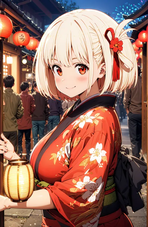 Nishikiki Chisato,solo, short hair, bungs,  Gold, red eyes, one side up, bob cut,Big Breasts,flower hair ornament with ears, red flower pattern kimono,standing,smile,blush,grinning,Light up fireworks,Red Lantern,Japanese stalls ,night,crowd,in their 40s lo...