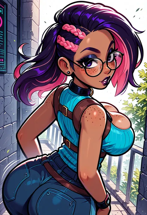 masterpiece, best quality, very aesthetic, absurdres, safe, (masterpiece), 1girl, solo, best quality, expressive eyes, perfect face, newest, perfect anatomy, flawless face, dark skinned African female with cornrows and glasses, multicolored hair, collar, c...