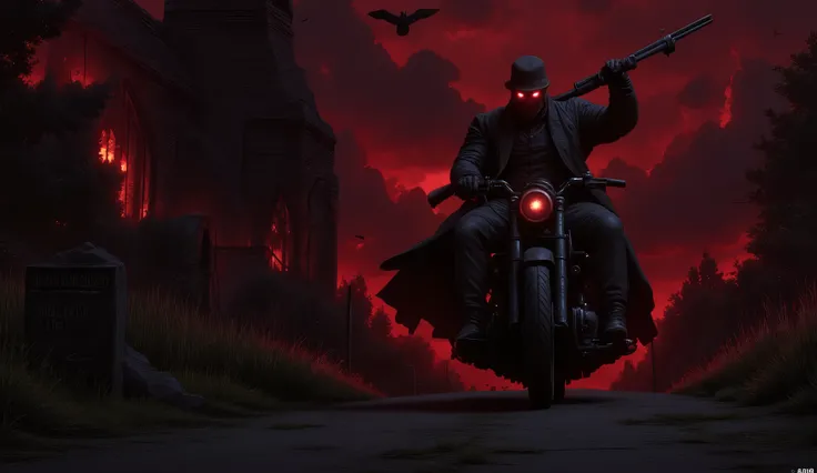 A rugged outlaw rides a vintage motorcycle down a dusty, abandoned road at twilight, with a burning church behind him. He holds a long-barreled rifle slung over one shoulder, gripping it with one hand. His eyes glow faintly red, hinting at a dark transform...