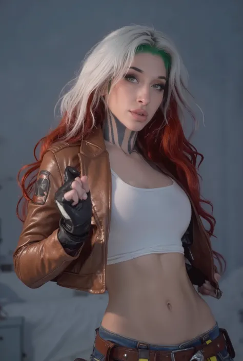 female rogue characterized by long, voluminous, red and white hair, the subject sports a brown leather jacket with a distinctive logo on the sleeve, paired with a form-fitting white crop top. The attire evokes a bold style with blue jeans and a hint of yel...