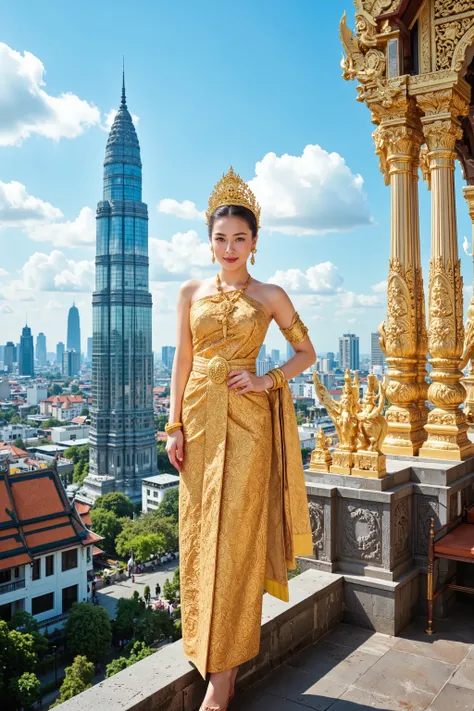 Publicity photo from the Tourism Authority of Thailand,
Thaitraditionaldress,
Photorealism,
((A scene from a live-action movie)),
Incredibly detailed,
Professional photography,
A beautiful Thai woman wearing traditional attire and smiling, standing with t...