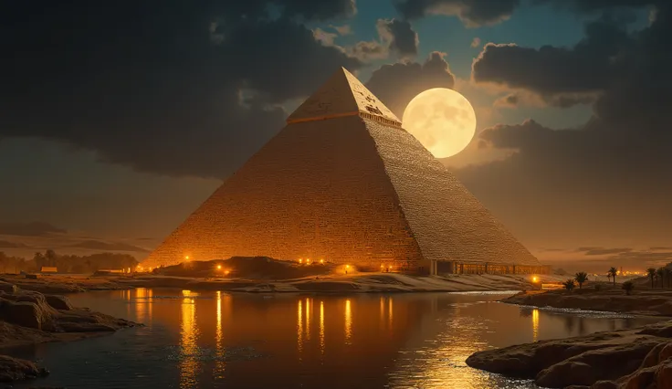 1950d, ancient Egypt pyramid,nile river full moon, close up