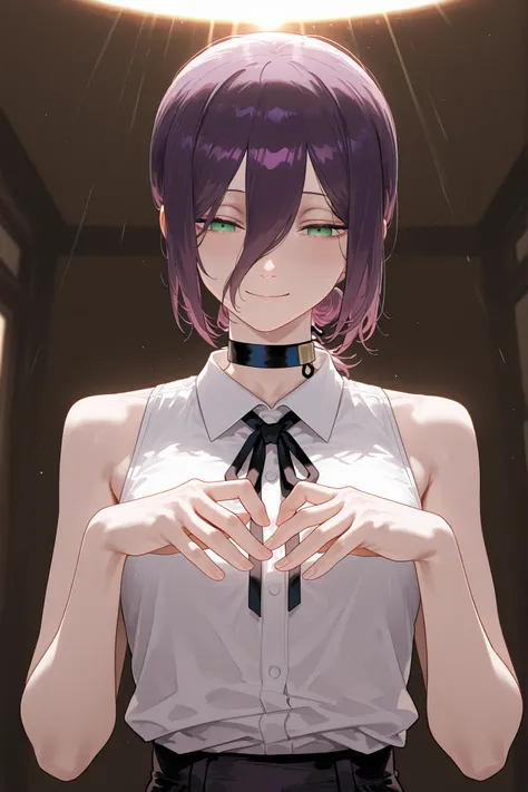  1 woman, Solo, masterpiece, accurate,  High detail ,  High Quality , High definition,  reze, black choker, purple hair, choker, eyebrows hidden by hair, green eyes, hair between eyes, long bangs, medium hair,
bare shoulders, black ribbon, black shorts, co...