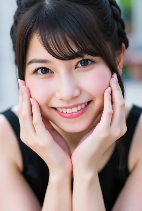 extreme close-up portrait, beautiful girl with her love-struck, radiant face filling the entire frame (95% face ratio), gently placing both open hands on her flushed cheeks with soft fingers, soft black camisole, white blurred background, eyes dreamy and h...