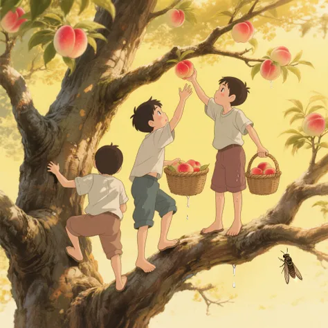 Healing illustrations，wide-angle lens，Hayao Miyazaki style，From a perspective, you can see, 
Peachtree gum on the back of the 90s，Three s wearing faded short sleeves and cloth shoes，A barefoot climbing old peach tree's rough branches and reaching out for a ruddy peach，One standing foot in a rattan basket falling fruit，A tiptoe conveying freshly picked peaches，Peach fluff on the branches is golden in the sun，in the warm yellow light，sweat beads falling from the red cheeks，The tree bark lines and peach spots are clearly visible，The sound of cicadas dripping in the warm yellow light，The fattest boy Long arms are enough to reach the highest peach