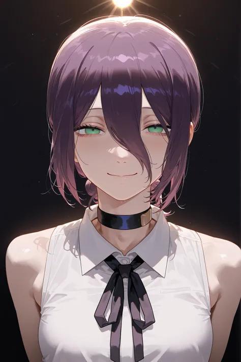  1 woman, Solo, masterpiece, accurate,  High detail ,  High Quality , High definition,  reze, black choker, purple hair, choker, eyebrows hidden by hair, green eyes, hair between eyes, long bangs, medium hair,
bare shoulders, black ribbon, black shorts, co...