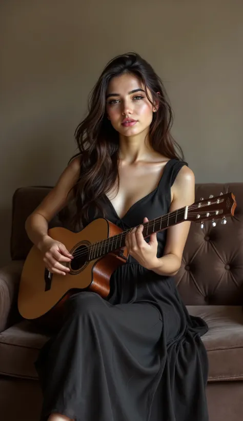 a beautiful girl in black cloth is sitting on sofa and playing guitar, look at camera