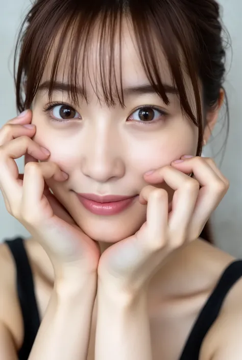 extreme close-up portrait, beautiful girl with her love-struck, radiant face filling the entire frame (95% face ratio), gently placing both open hands on her flushed cheeks with soft fingers, soft black camisole, white blurred background, eyes dreamy and h...