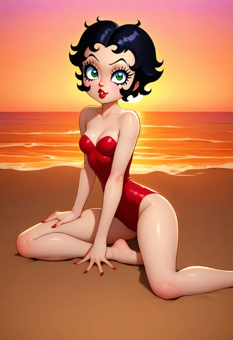 (Betty boop) safe_position, Betty boop, bright red swimsuit and tight, pronounced neckline, high quality, barefoot, petite and curvaceous figure, prominent breasts, big expressive eyes, glamorous retro makeup with marked eyelashes, lips with bright red lip...