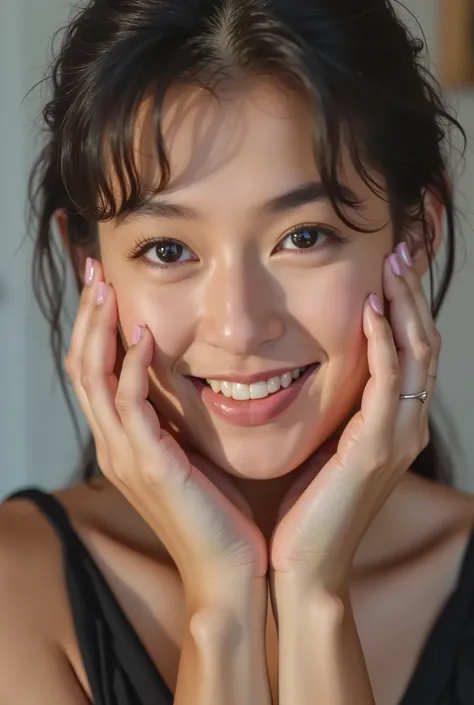 extreme close-up portrait, beautiful girl with her love-struck, radiant face filling the entire frame (95% face ratio), gently placing both open hands on her flushed cheeks with soft fingers, soft black camisole, white blurred background, eyes dreamy and h...