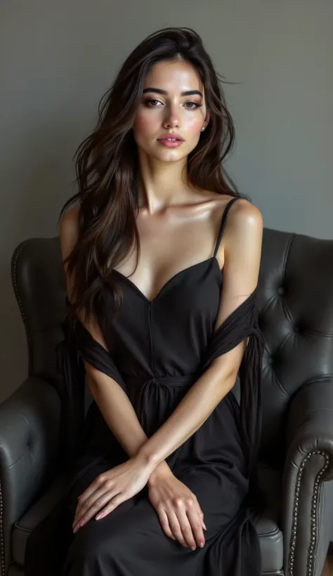 close up, a beautiful girl in black cloth is sitting on sofa ,look at camera
